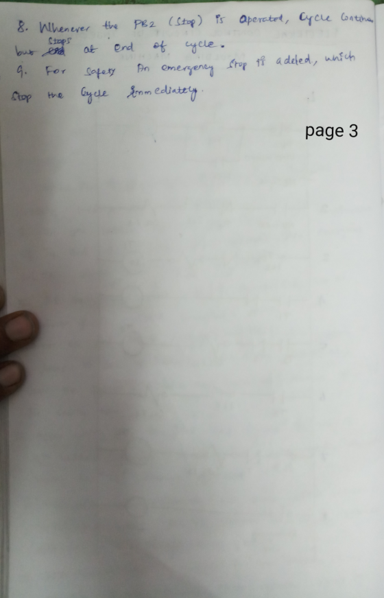 8. Whenever the PB2 (Sto) is operated, Cycle Contina but at end of cycle. 9. For safety An emergency Stop is a deled, which S