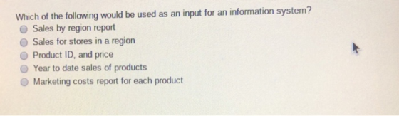 Which of the following would be used as an input for an information system? Sales by region report Sales for stores in a regi