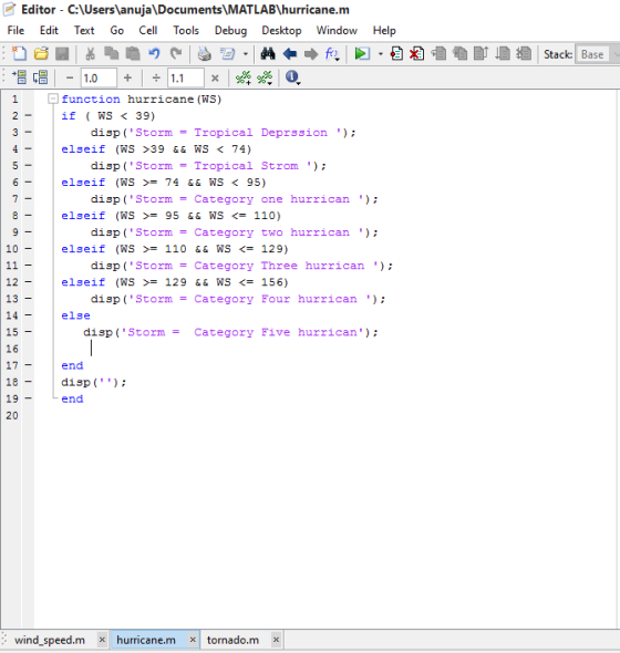 Editor C:Userslanuja\Documents MATLABYhurricane.m File Edit Text Go Cel Tls Debug Desktop Window Help +国 | -| 1.0 function hu