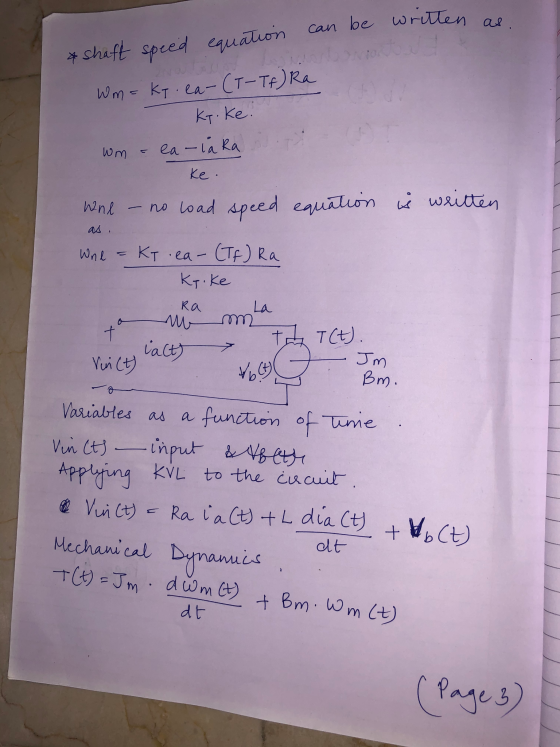 as. can be written as * shaft speed equation Wm= ky.ea-(T-Tf) Ra Kroke. ea - la Ra . wm ke . Whe - no load speed equation is
