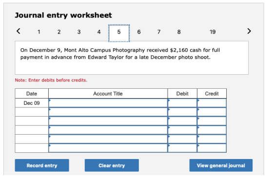 Journal entry worksheet < 1 2 3 4 6 7 8 19 On December 9, Mont Alto Campus Photography received $2,160 cash for full payment