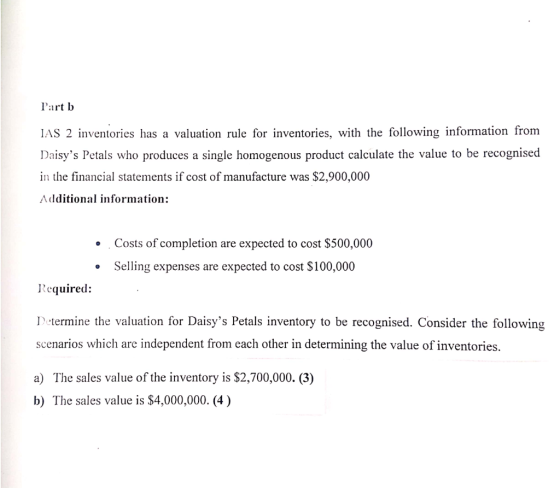 Purt b IAS 2 inventories has a valuation rule for inventories, with the following information from Daisys Petals who produce
