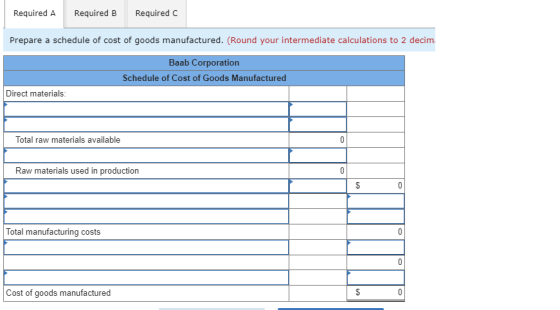 Required A Required B Required Prepare a schedule of cost of goods manufactured. (Round your intermediate calculations to 2 d