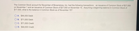 The Common Stock account for November of Brownstone, Inc. had the following transactions: an issuance of Common Stock of $27,