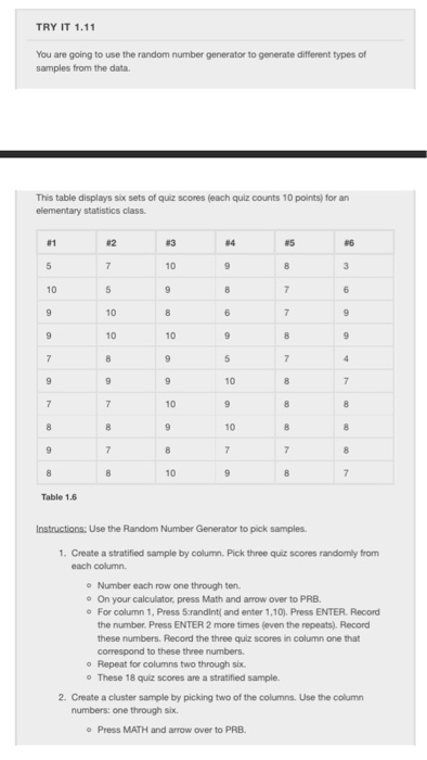 TRY IT 1.11 You are going to use the random number generator to generate different types of samples from the data. This table
