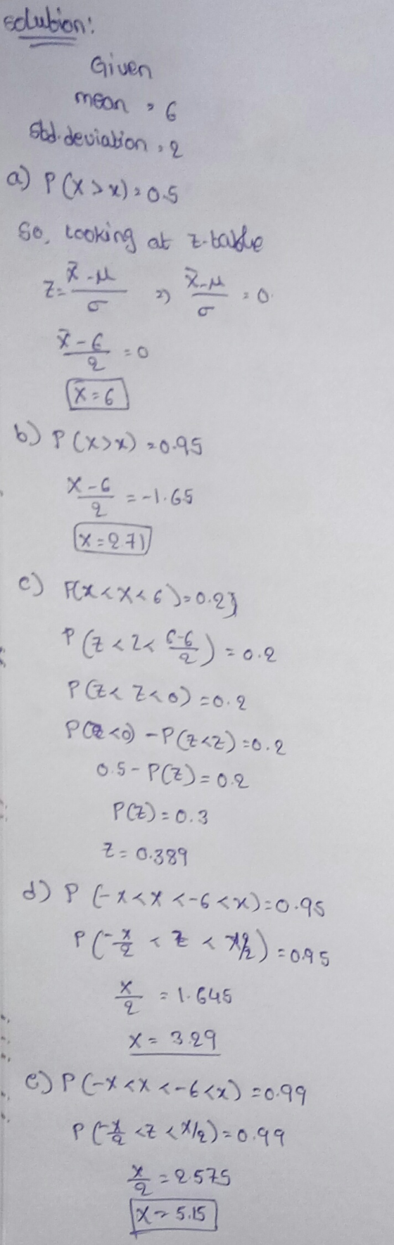 eclubion: Given mean 6 Std deviabion, 2 a) PX>x) 05 So, tooking at z-bade 20. 2) =D0 (X-6) 6) P(X>x) 20.95 X-C --1.G5 X=24) c