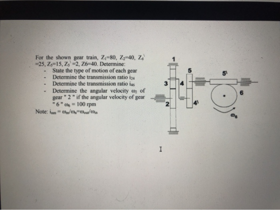 For the shown gear train, Zi=80, Z-40, ZA =25, Zs=15, Zs =2, Z6-40. Determine: State the type of motion of each gear Determin