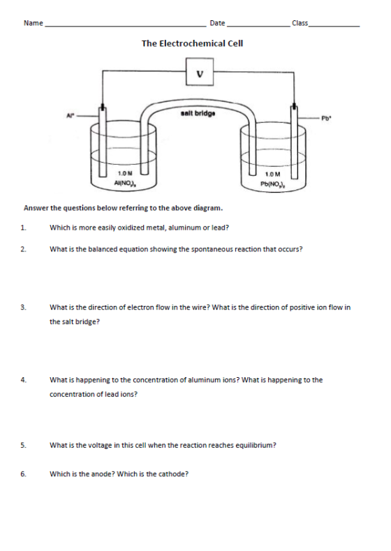 Name Date Class The Electrochemical Cell salt bridge 10N U ANNO, 1.0M Pb(NO), Answer the questions below referring to the abo