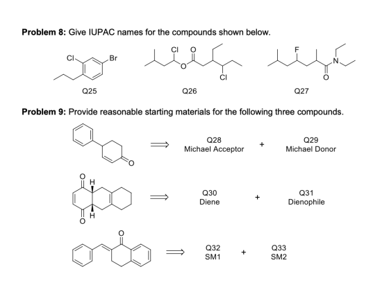 Problem 8: Give IUPAC names for the compounds shown below. CI O CI Br کہللا کلید مو CI 025 Q26 Q27 Problem 9: Provide reasona