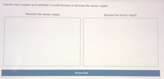 Classify each scenario as to whether it would increase or decrease the money supply. Decrease the money supply Increase the m