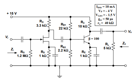 + 15 V Ipss - 10 mA Vp.4V Vase -- 1.5 V βος = 50 μs Γ. 40 ΚΩ RO 3.3 ΚΩ R81 22 ΚΩ Rc 10 ΚΩ O V. β - 100 RL 5 ΚΩ Ra2 2.2 ΚΩ Z R