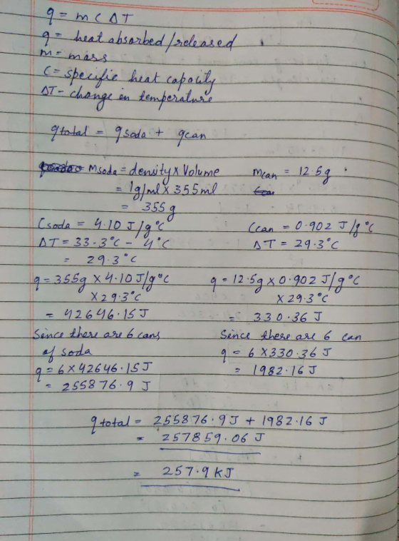 9=MCAT 9- heat absorbed / released m = mass (= specific heat capacity IT-change in temperature 9 total - 9 sodat gean Proloco