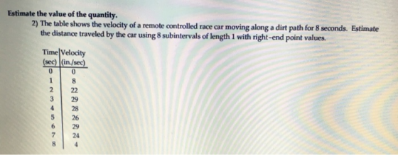 Estimate the value of the quantity. 2) The table shows the velocity of a remote controlled race car moving along a dirt path