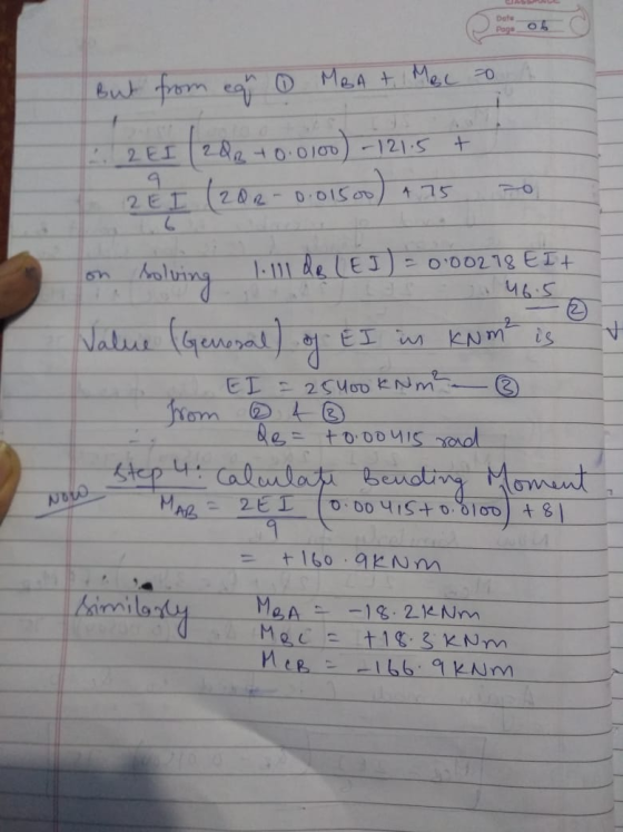 Date Page 06 But from equ 0 MBA + Mec to 1 + 2 EI 202 +0.0100) - 121.5 2E I (202-001500 175 solving Value (General) V 1.111 d
