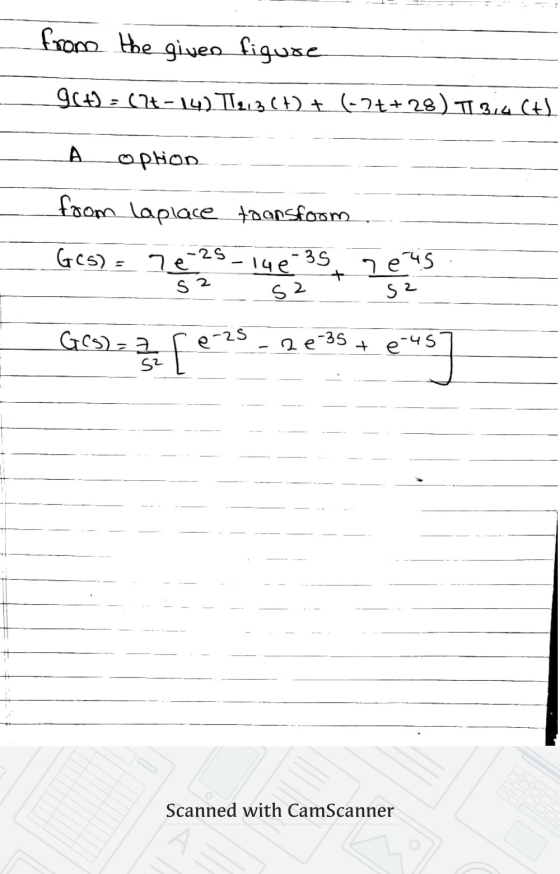 from the given figure g(t) = (?t-14) T1213 (4) + (-7t+28) TI 3,4 (t) A ophon from Laplace transform Ges) = ré -25 14e-35 S2 7