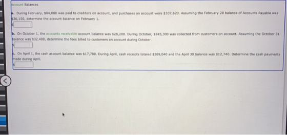 Account Balances b. During February, $84,080 was paid to creditors on account, and purchases on account were $107,620. Assumi