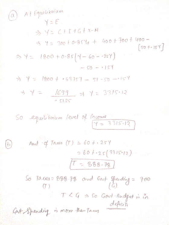 At Equilibrium > y = c+I + G + X-M + y = 300 t 0.851d + 400+ Toof 400- (50 fo15Y] → Ya 1800 +0.8517- 60 - -25Y) - 50-3157 Y =