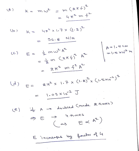 can K= mwe = m(ant. = m(anf)? =472 m f² Ub k= 46°x1.7 x (1.2)? = 96.6 NIM Ł mw²A² A=1.5cm =lis 10² m (C) E= Žm Canf2 A² = 2x²