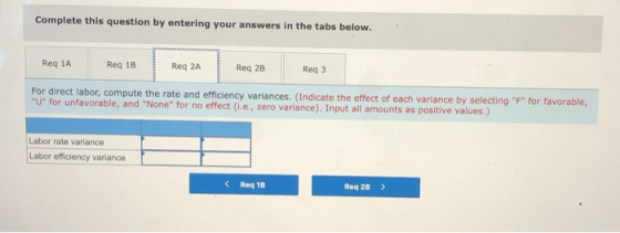 Complete this question by entering your answers in the tabs below. Req 1A Reg 1B Req 2A Req 2B Req3 For direct labor, compute