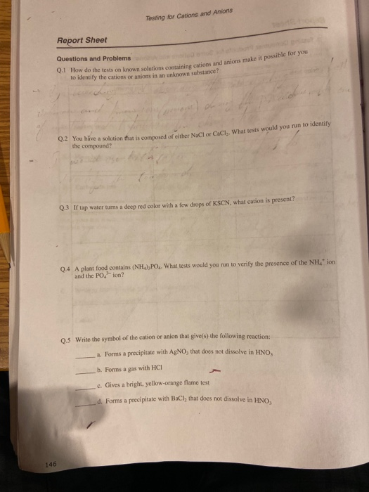 Testing for Cations and Anions Report Sheet Questions and Problems Q.1 How do the tests on known solutions containing cations