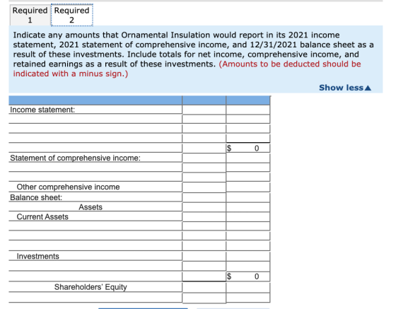 Required Required 1 2 Indicate any amounts that Ornamental Insulation would report in its 2021 income statement, 2021 stateme