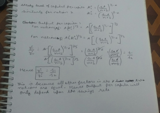 1/-a steedy level of capital percopita ki similarly for netion a nas 2 1/ Δ. Α. n +8 ) J 7777 lasthe output per capita : For