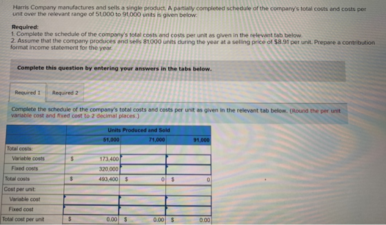 Harris Company manufactures and sells a single product. A partially completed schedule of the companys total costs and costs