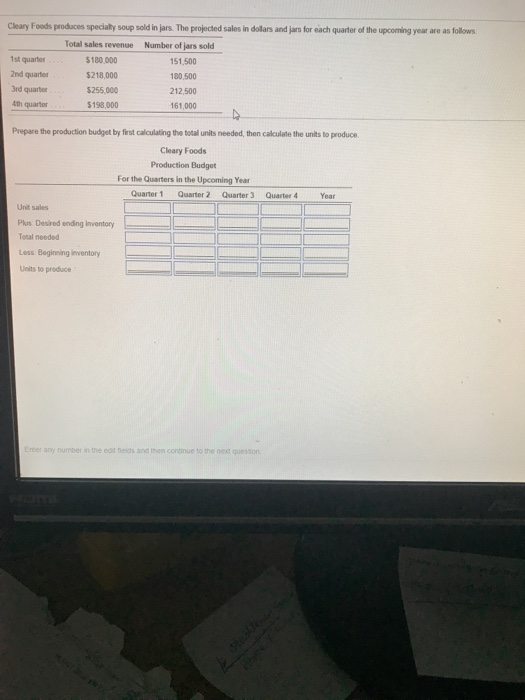 Cleary Foods produces specialty soup sold in jars. The projected sales in dollars and jars for each quarter of the upcoming year are as follows Total sales revenue $180,000 $218,000 $255,000 $198,000 Number of jars sold 1st quarter 2nd quarter 3rd quarter 4th quarter 151.500 180,500 212,500 161,000 Prepare the production budget by first calculating the total units needed, then calculate the units to produce Cleary Foods Production Budget For the Quarters in the Upcoming Year Quarter 1 Quarter 2 Quarter 3 Quarter 4 Year Unit sales Plus Desired ending Inventory Total needed Less. Begineing inventory Units to produce Enter any number in the ect neids and tnen continue to thne nexd quesson