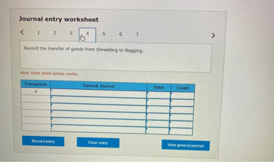 Journal entry worksheet < 1 2 31 Record the transfer of goods from Shredding to Bagging, Note: Enter debits before credits Tr