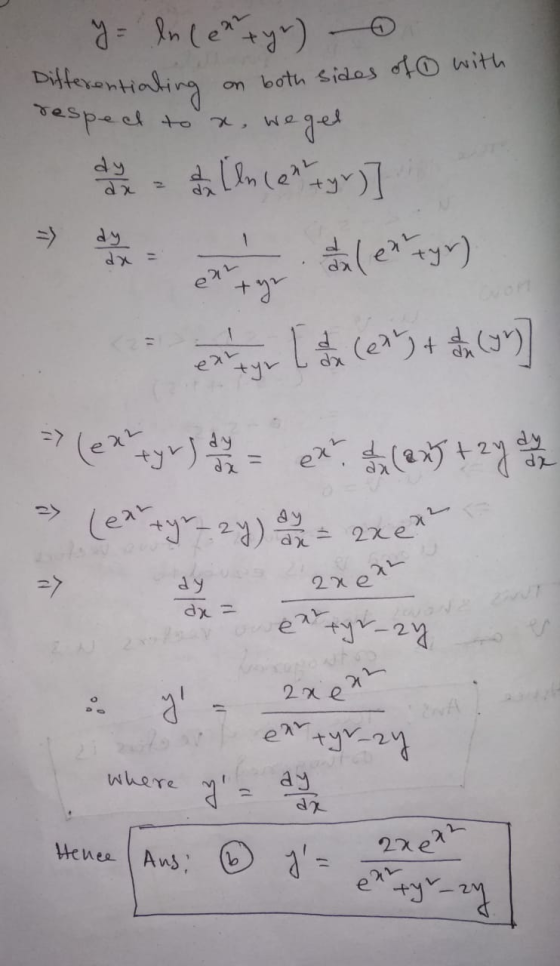 y = ln (en tyr) Differentiating on both sides of with respect to a weget they the linked tyn] dx e eaL exy Lada (em) + sa com
