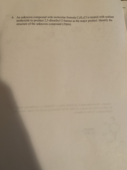 6. An unknown compound with molecular formula CH CI is treated with sodium methoxide to produce 2,3-dimethyl-2-butene as the