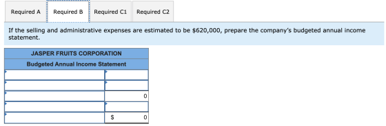 Required A Required B Required C1 Required C2 If the selling and administrative expenses are estimated to be $620,000, prepar