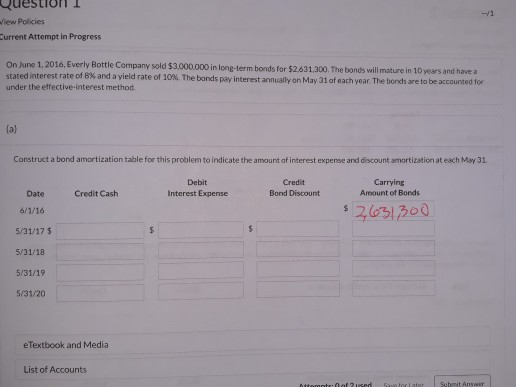 1 Wiew Policies Current Attempt in Progress On June 1, 2016, Everly Bottle Company sold $3,000.000 in long-term bonds for $2.