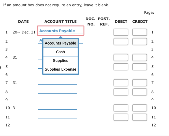 If an amount box does not require an entry, leave it blank. Page: DATE ACCOUNT TITLE DOC. POST. NO. REF. DEBIT CREDIT 1 20--
