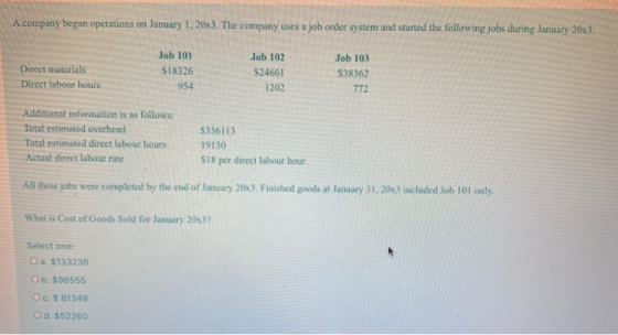 A company began operations on January 1, 2023. The company uses a job order system and started the following jobs during Janu