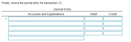 Finally, record the journal entry for transaction (7). Journal Entry Accounts and Explanations Debit Credit