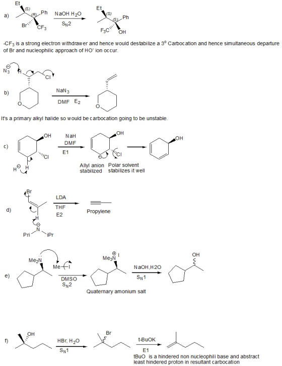 Et Et Ph NaOH H20 (S) Ph a) SN2 -CF3 is a strong electron withdrawer and hence would destabilize a 3° Carboc ation and hence