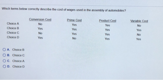 Which terms below correctly describe the cost of wages used in the assembly of automobiles? Choice A Choice B Choice C Choice