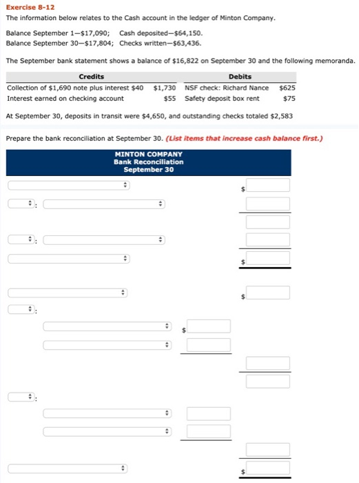Exercise 8-12 The information below relates to the Cash account in the ledger of Mi Minton Company. Cash deposited-$64,150. B
