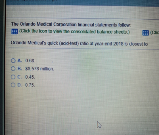 The Orlando Medical Corporation financial statements follow. 15 (Click the icon to view the consolidated balance sheets.) B (