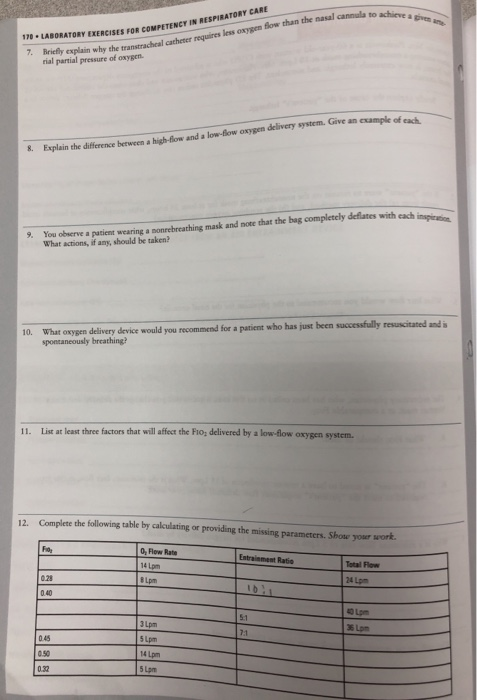 a given 170·LABORATORY EXERCISE 7. Briefly explain why the transtrachcal cacheter requires oxygen flow than the nasal cannula