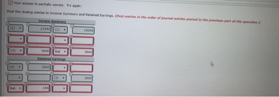 Your answer is partially correct. Try again. Post the closing entries to Income Summary and retained Earnings. (Post entries