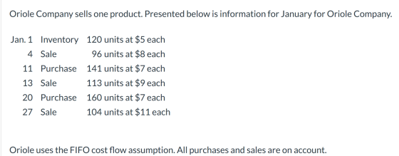 Oriole Company sells one product. Presented below is information for January for Oriole Company. Jan. 1 Inventory 120 units a