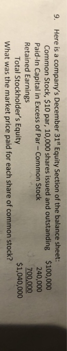 9. Here is a companys December 31s Equity Section of the balance sheet: Common Stock, $10 par, 10,000 shares issued and outs
