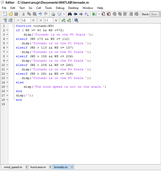 Editor C:Userslanuja\Documents MATLAB tornado.m File Edit Text Go Cel Tls Debug Desktop Window Help function tornado (WS) if