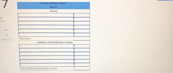 Budgeted Balance Sheet May 31 Assets 5 oints eRook Print Total assets References Liabilities and Stockholders Equity Total l