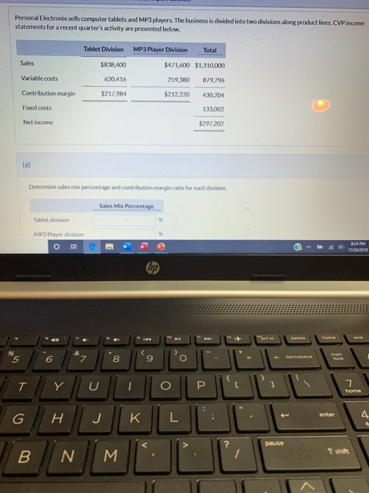 Personal Electronix sells computer tablets and MP3 players. The business is divided into two divisions along product lines. C