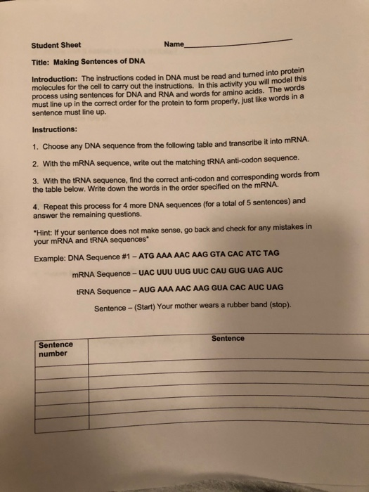 Student Sheet Name Title: Making Sentences of DNA structions coded in DNA in this activity yoids. The words Introduction: The
