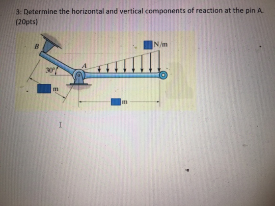 3: Determine the horizontal and vertical components of reaction at the pin A. (20pts) B A w 30°/ m m I
