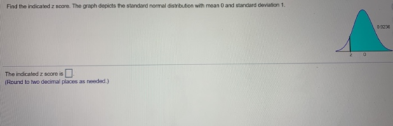 Find the indicated z score. The graph depicts the standard normal distribution with mean 0 and standard deviation 1 0.9236 Th